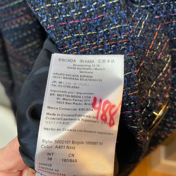 Escada, deep blue with multi colored threads; 2 pockets; button closure. - Picture 10 of 13